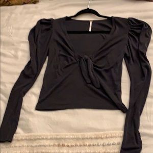 Free People Navy Puffed Sleeve Blouse